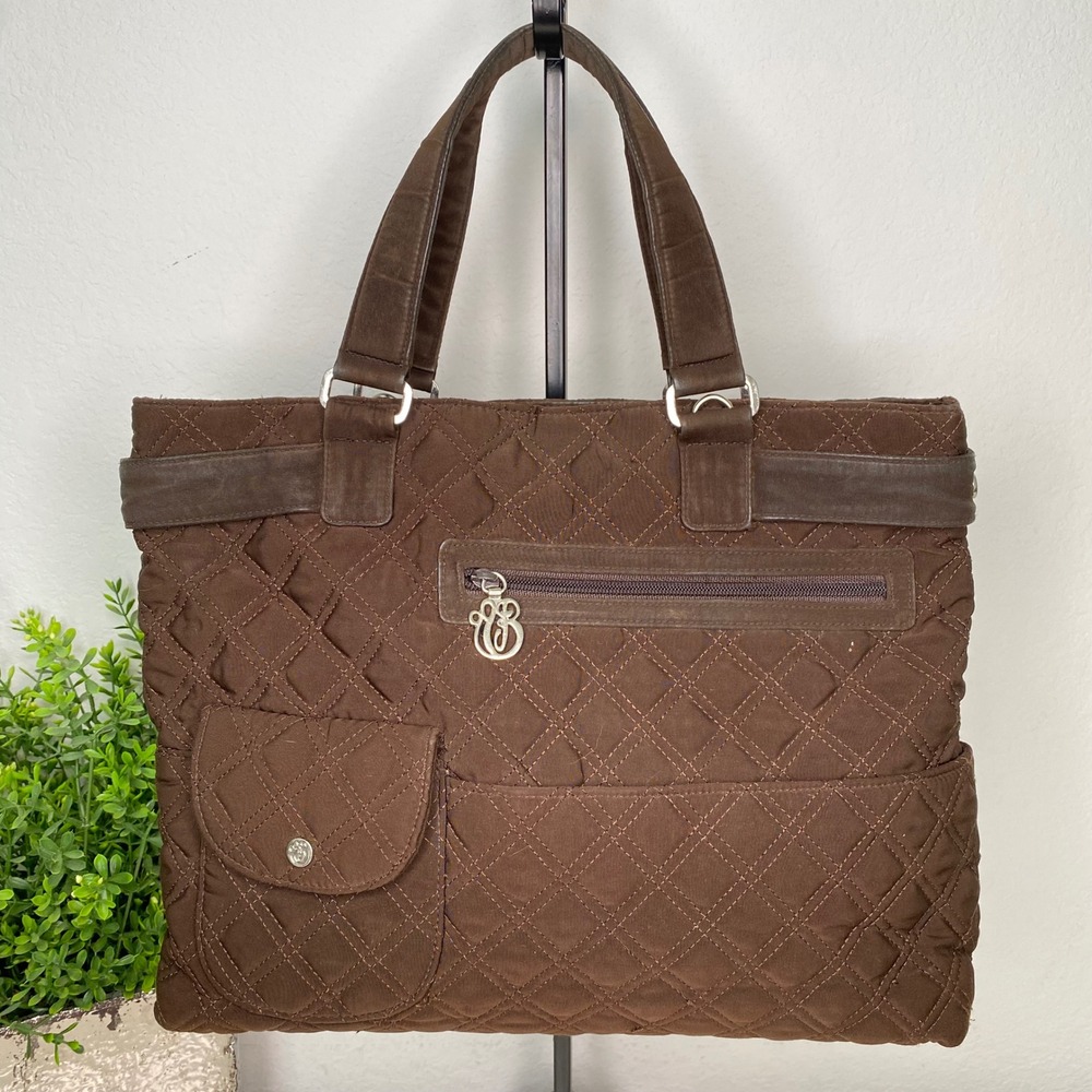 Quilted Brown Tote Bag with Front Pockets